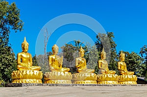 Five golden Buddhas with different mudras in a row