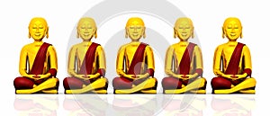Five golden Buddhas on white - red photo