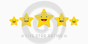 Five golden rating star wiyh cute smile face. Vector illustration in white