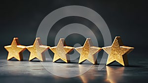 Five golden stars rating on dark background. Concept of ranking and evaluation