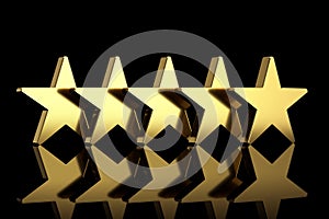 Five Golden Stars with Reflections. 3d Rendering