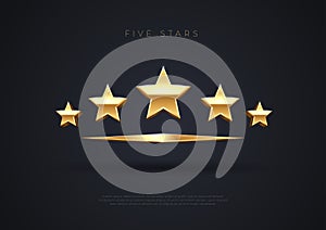 Five golden stars. Top quality concept illustration. Rating stars icon. 3d award stars.