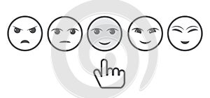 Five Gray Faces Feedback/Mood and hand. Iconic illustration of satisfaction level. Range to assess the emotions of your content.