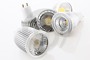 Five GU10 LED lamps with different designs of the cooling