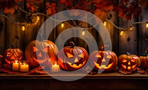 Five Halloween pumpkins and burning lanterns with candles on a wooden background. Halloween content.