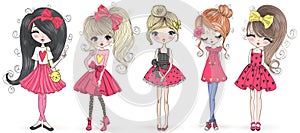 Five hand drawn beautiful cute cartoon amazing fashion girls. photo