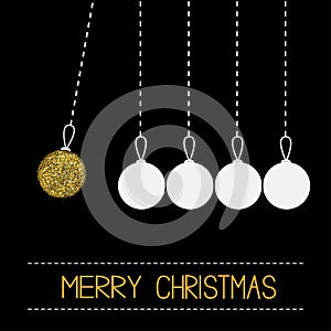 Five hanging christmas ball toy. Dash line. White and gold glitter. Perpetual motion. Black background.