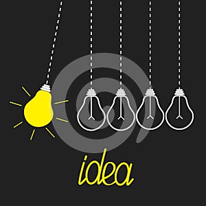 Five hanging yellow light bulbs. Perpetual motion. Idea concept. Grey background. Flat design