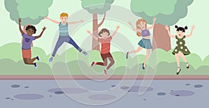 Five happy children jumping for joy on the background of the forest - Vector