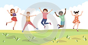 Five happy children jumping for joy on a green lawn - Vector