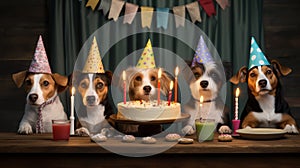 Five happy puppies celebrate their birthday. Dogs wearing paper caps are sitting at the table near the cake. Greeting