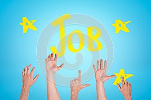 Five human hands reaching up to yellow title `JOB` and small hand-drawn stars on light blue background.