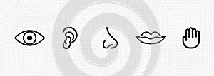 Five human senses icon set. Eye  nose  ear  hand  mouth with tongue sign. Sight  smell  hearing  touch  taste concept. Vector on