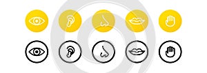 Five human senses icon set. Eye  nose  ear  hand  mouth with tongue sign. Sight  smell  hearing  touch  taste concept. Vector on