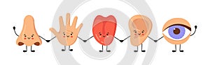 Five human senses organs kawaii characters set. Nose, ear, hand, tongue and eye hold hands. Cute sensory organs. See