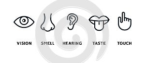 Five human senses vision eye, smell nose, hearing ear, touch hand, taste mouth and tongue. Line vector icons set