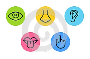 Five human senses vision eye, smell nose, hearing ear, touch hand, taste mouth and tongue. Line vector icons set