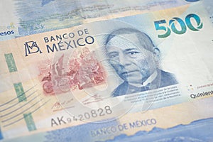 Five hundred new mexican pesos bills close up