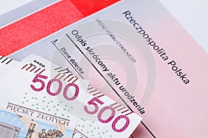 Five hundred polish zloty on birth certificate, concept of polish social program named 500 +