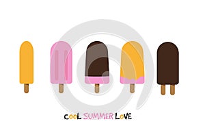 Five ice creams on white background with text cool summer love