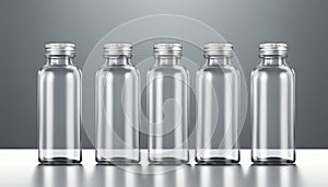Five identical glass bottles with silver caps