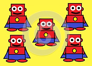 Five identical similar simple block cartoon illustrations of a cloaked super hero in red and blue bright yellow backdrop