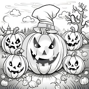 Five jack-o-lantern pumpkins with different facial expressions, Halloween black and white picture coloring book