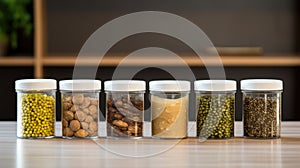 Five jars with different types of nuts and seeds, AI
