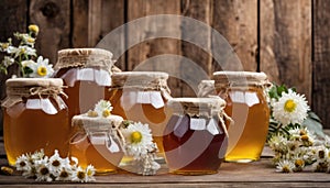 Five jars of honey with flowers on the table