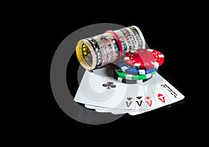 Five of a kind cards combination and dollars with chips. Winning combination at a poker club or casino