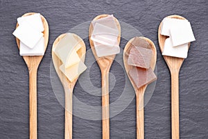 Five kinds of glycerin soap bases in wooden spoons