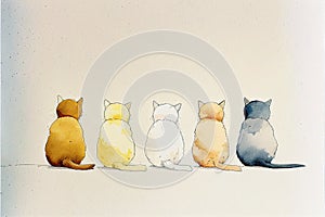 Five kittens different colours. Watercolor painting.