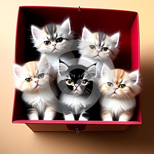 Five kittens in a red box,generated illustration with AI