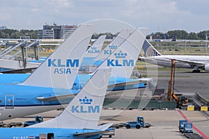 Five KLM Planes On A Row At Schiphol Airport The Netherlands 26-5-2022