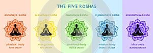 The five koshas colorful infographic banner. Layers or sheaths of human body in yoga philosophy.