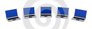 Five laptops on white background. Isolated 3D illustration