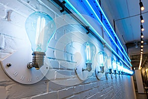 Five light blue neon bulbs on white wall with glowing blue neon lights. Texture background