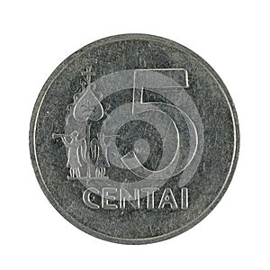Five lithuanian centai coin 1991 isolated on white background