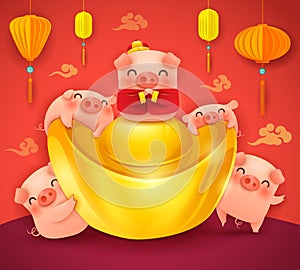 Five little pigs with chinese gold ingot. Greetings from the golden pig.