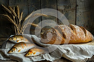 Five loaves of bread and two fishes, Bible story. Generative AI.