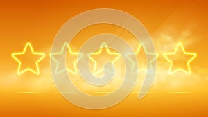 Five luminous yellow stars, banner showing the best quality and product rating rated by users, futuristic technology with orange