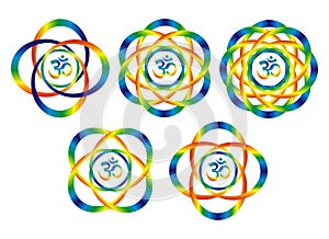 Five mandalas with aum/om symbol. Rainbow abstract objects