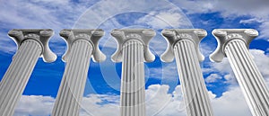 Five marble pillars of islam or justice and steps on blue sky background. 3d illustration