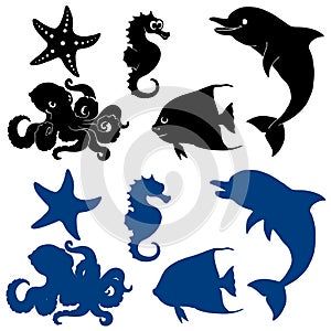 Five marine animals silhouette on white