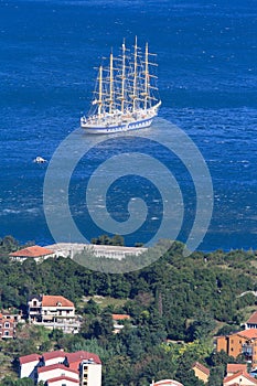 Five-masted ship in the Bay of Kotor, Montenegro