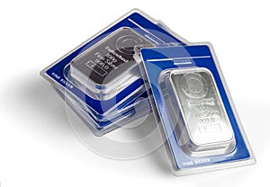 Five minted silver bars in blister pack. On a white background