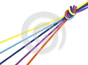 Five multi-colored cords come together in one knot