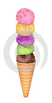 Five multi-colored ice cream in waffle