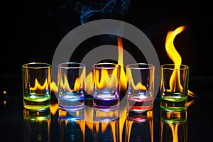 Five multicolored empty shot glasses reflected on the glass surf