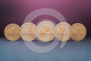 Five NFT Virtual Currencies in blue and pink background
